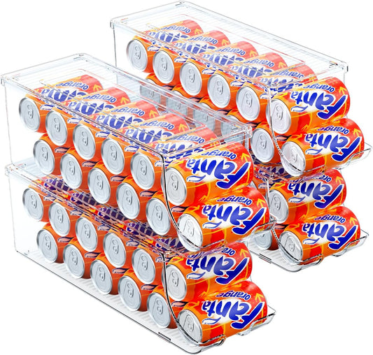 4 Pack Soda Can Organizer for Refrigerator, Stackable Canned Food Pop Cans Container Can Holder Dispenser with Lid for Fridge Rack Freezer, Clear Storage Bins-Holds 12 Cans Each (Transparent)