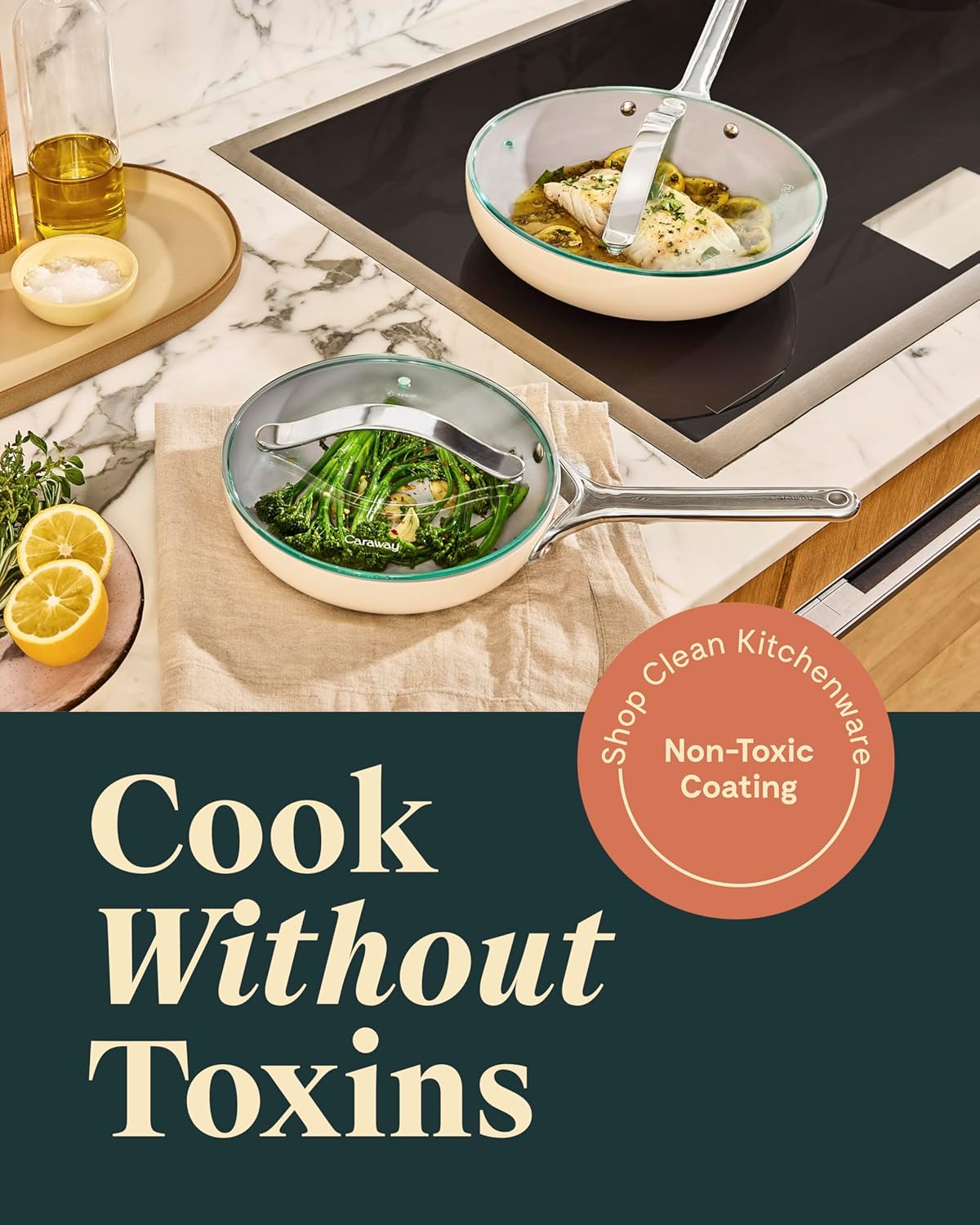 Caraway Ceramic Fry Pan Duo with Glass Lids - Non-Stick Frying Pans (10.5” & 8”) - Non Toxic, PTFE & PFOA Free - Oven Safe & Compatible with All Stovetops – White