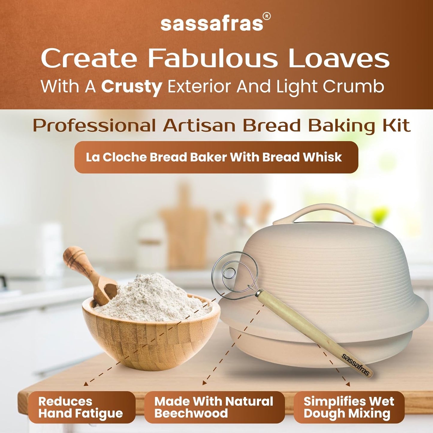 Sassafras Superstone Stoneware La Cloche Bread Baker, Unglazed, Baking Stone for Bread, Capacity 5QT 12”D x7”H with handle, Withstands Temperature 500-2100 Fahrenheit (Bisque + Bread Whisk)