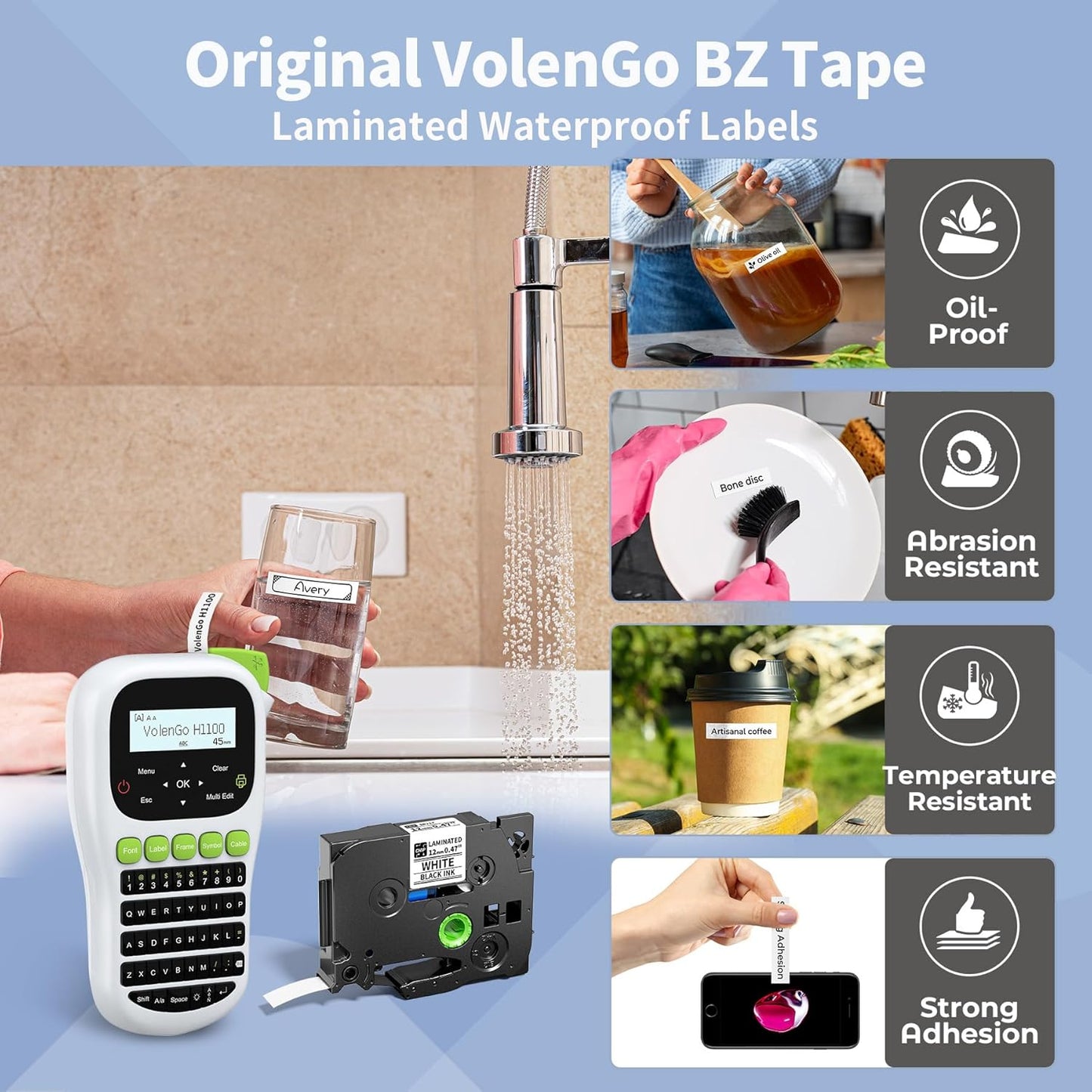 H1100 Label Maker Machine with Tapes 12mm Laminated, Backlit Handheld Label Maker Waterproof-Labels, QWERTY Keyboard & Multi Fonts, Portable Inkless Label Printer for Home Office Organization