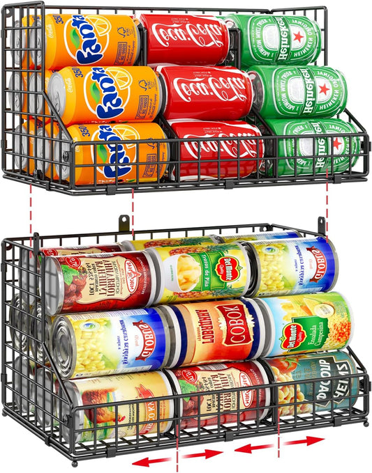 Stackable Can Organizer for Pantry,2 Tier Soda Can Organizer with 4 Adjustable Dividers Holds 42 Cans,Can Storage Rack Holder for Canned Goods,Can Dispenser for Refrigerator,Fridge,Countertop,2 Pack