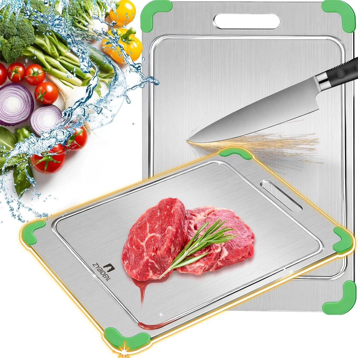 100% Pure Titanium Cutting Board with Grooves, Update Double Side Titanium Chopping Board, Silicone Anti-slip Stainless Cutting Boards for Kitchen 11 * 15 IN, Green