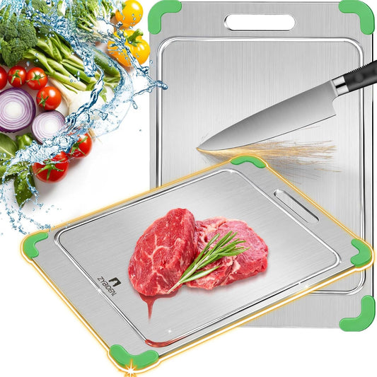 100% Pure Titanium Cutting Board with Grooves, Update Double Side Titanium Chopping Board, Silicone Anti-slip Stainless Cutting Boards for Kitchen 11 * 15 IN, Green
