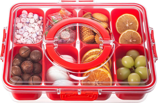 Divided Serving Tray with Lid and Handle - Snackle Box Charcuterie Container for Portable Snack Platters Organizer for Candy, Fruits, Nuts, Snacks - Perfect for Party, Entertaining, Red