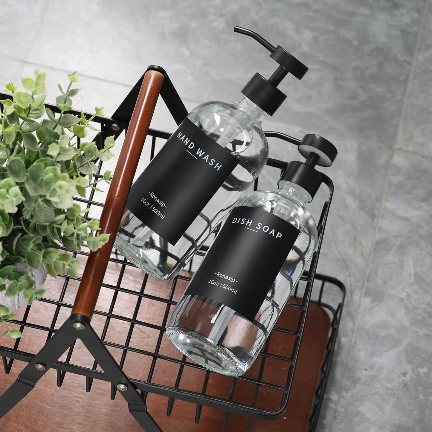 Set of 5 Kitchen Soap Dispenser Set 16 Oz Glass Hand Dish Soap Dispenser with Stainless Steel Pump, Cement Tray, Dish Scrub Brush for Farmhouse Rustic Home Bathroom Decor (Transparency)