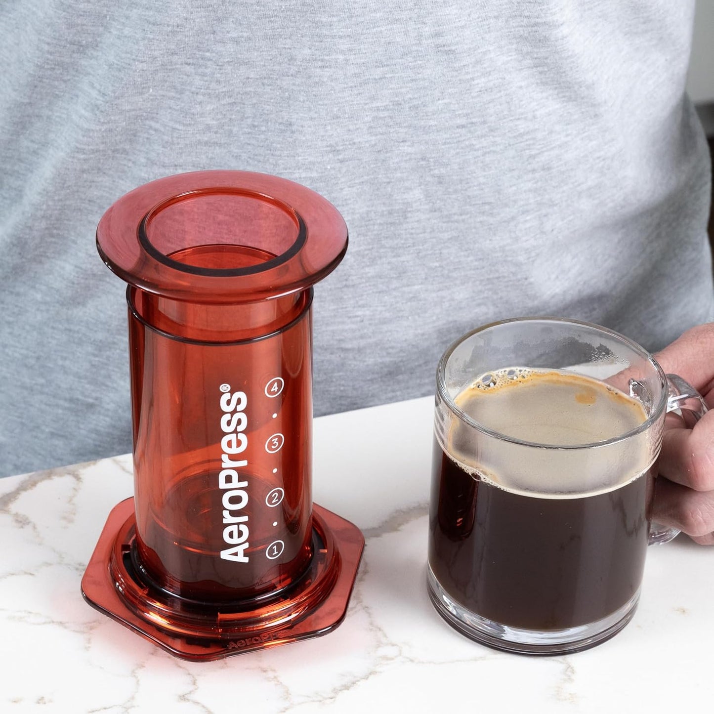 AeroPress Clear Red Coffee Press – 3 In 1 Brew Method Combines French Press, Pourover, Espresso, Full Bodied Coffee Without Grit or Bitterness, Small Portable Coffee Maker for Camping & Travel, Red