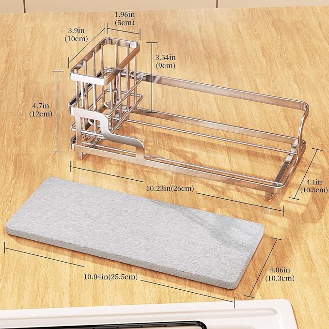 Consumest Sponge Holder for Kitchen Sink - Sink Caddy Organizer with Water Absorbing Stone Tray, Detachable Brush Holder, Stainless Steel Kitchen Counter Organizer Rack, Silver
