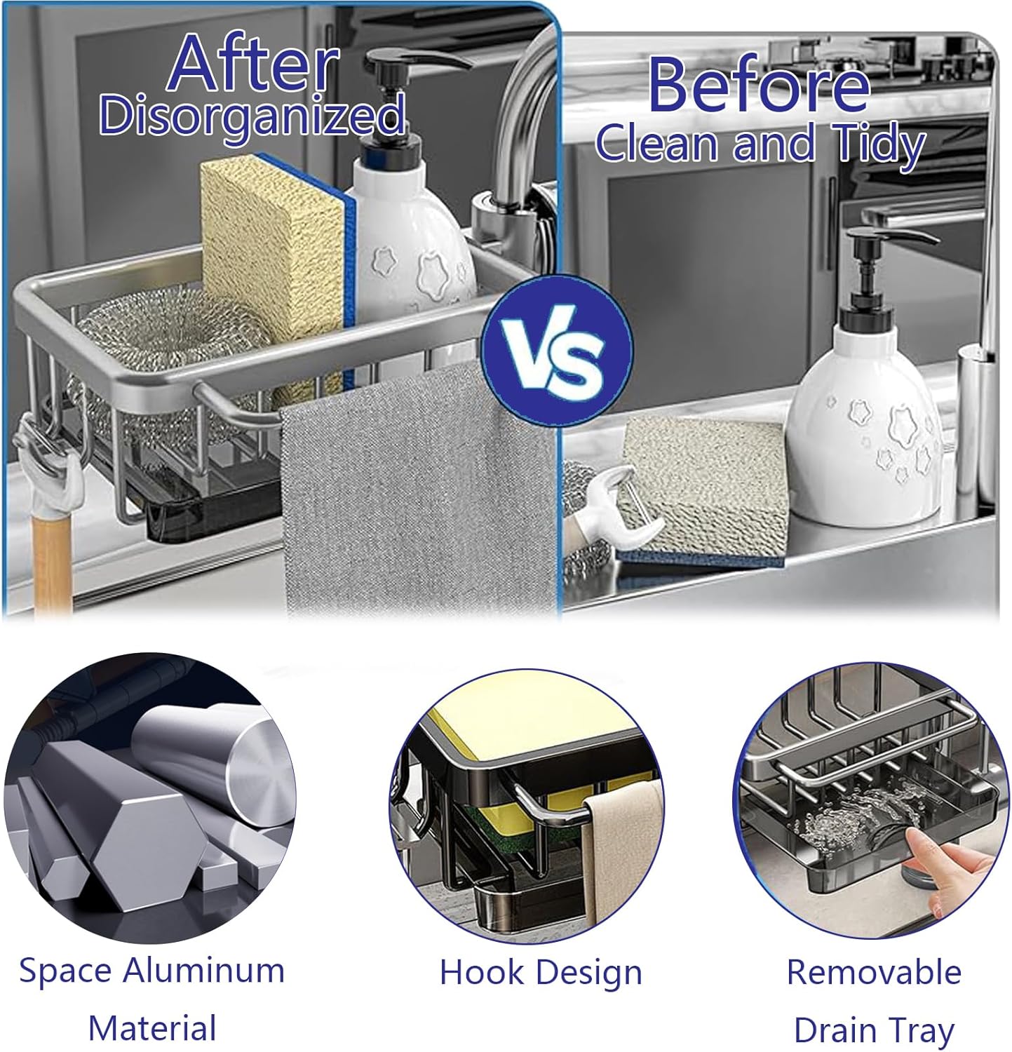 Kitchen Sink Faucet Organizer Multifunction Sponge Holder Organizer Sink Drain Holder Over Faucet Kitchen Sink Caddy with Hook Adjustable for 0.7-1.1inch Round Water Pipe (Black, S)