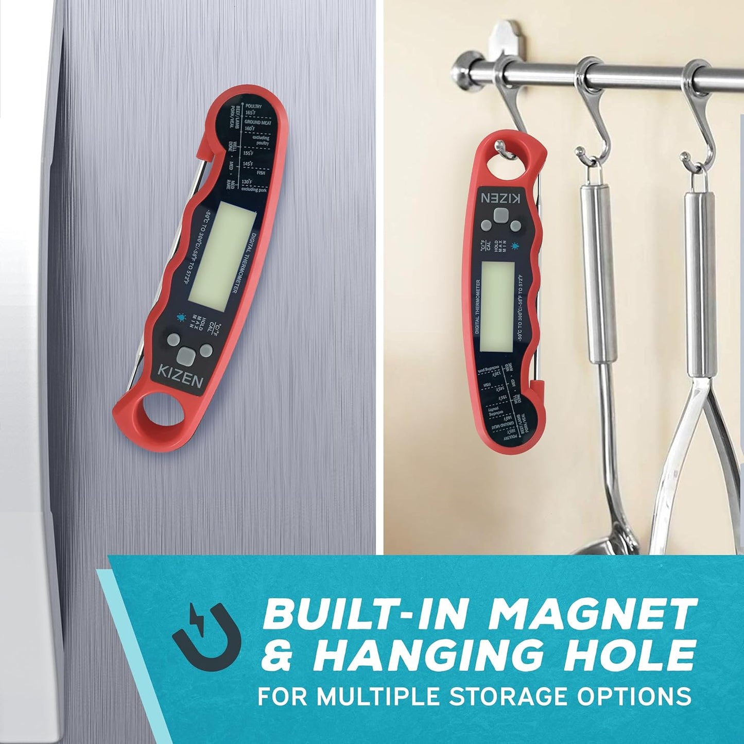 KIZEN Instant Read Meat Thermometer Digital - Food Thermometer for Cooking, Grill, Oven, BBQ - Waterproof and Backlit Display