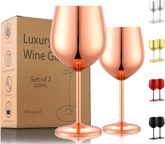 Stainless Steel Wine Glasses Set of 2, 18 oz Unbreakable Rose Glod Wine Glass Unique Metal Wine Goblets for Outdoor Capming and Pool Gift for Wine Lovers