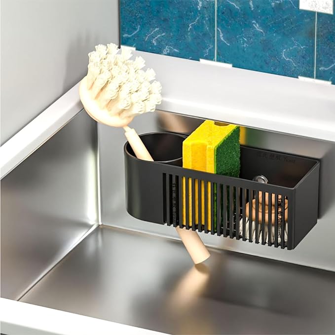 2-in-1 Dish Wand Holder & Sponge Holder for Kitchen Sink Hanging,With Adhesive,Rust Proof Scrub Brush,Scrubber,Dish Sponge,Spinge Holder,In Sink Organizer & Basket Accessories & Essentials,Plastic
