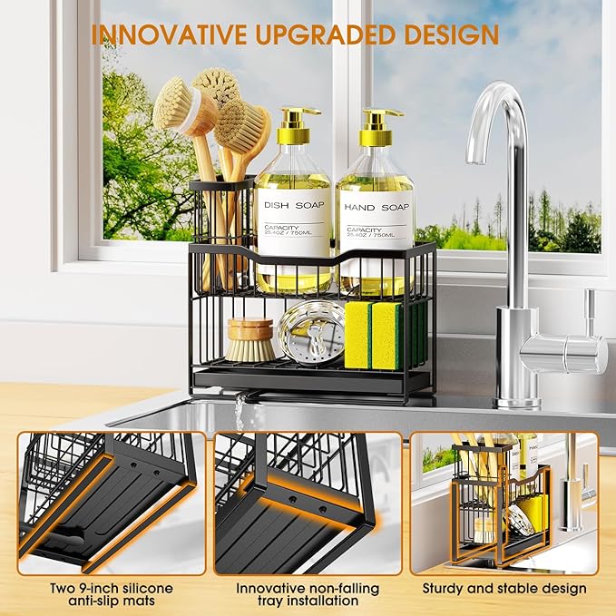 2-Tier Rustproof Kitchen Sink Caddy with Self-Draining Tray, Dish Brush & Sponge Holder, Non-Slip Base - Black