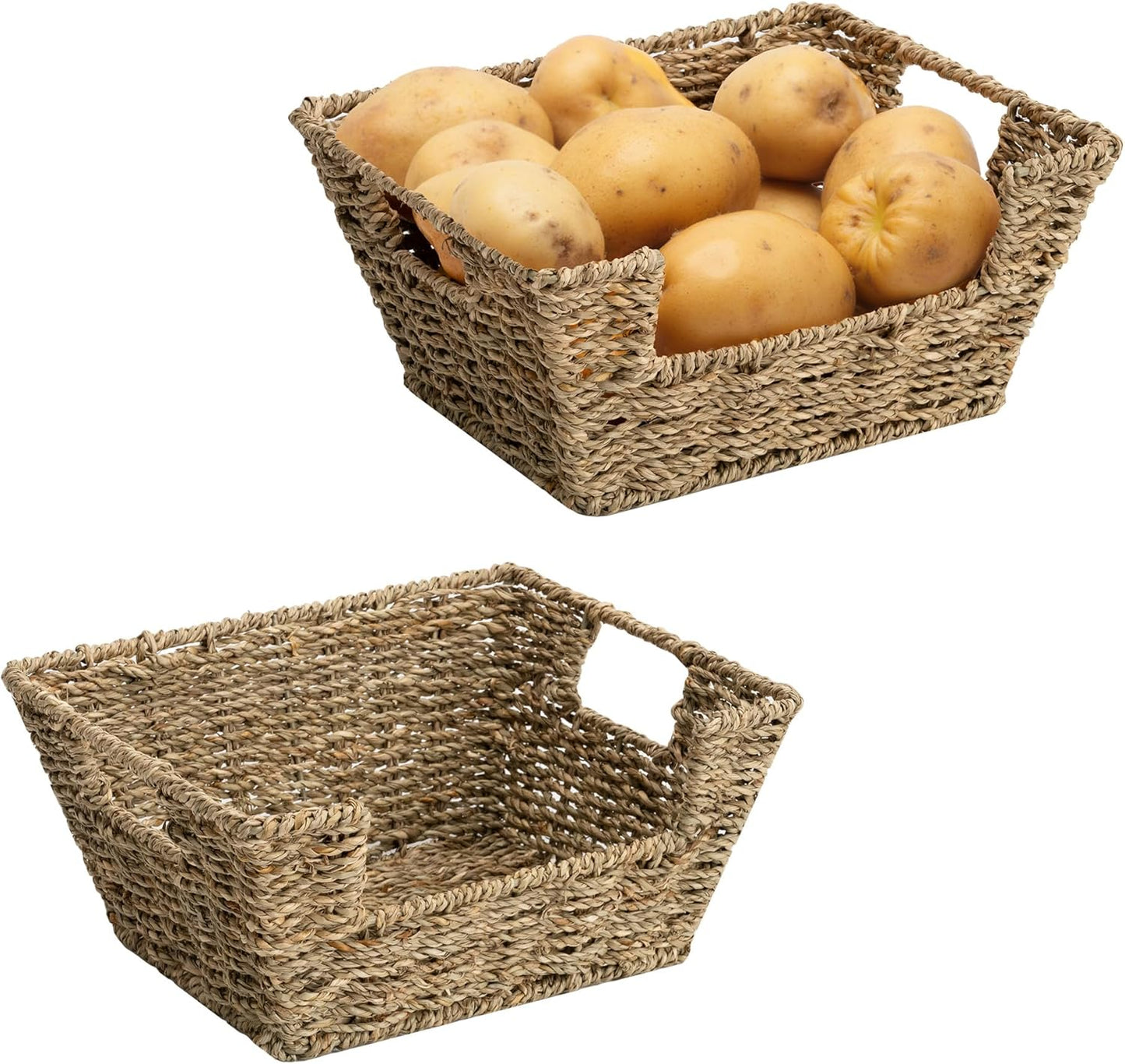 StorageWorks Small Pantry Baskets for Patato and Onion Storage, Wicker Baskets for Organizing with Built-in Handles, Seagrass Pantry Organizers and Storage for Kitchen Shelves, Countertop, 2 Pack