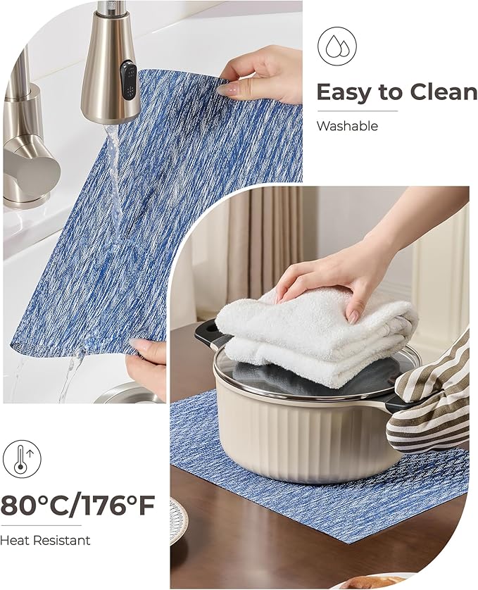 Leetaltree Blue Placemats Set of 12 - Heat Resistant Non-Slip Place mats for Dining Table, Washable Durable PVC Vinyl Woven Table Mats（Blue Zigzag, 12）