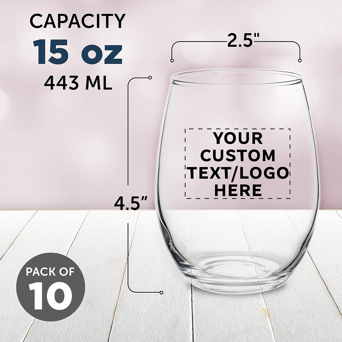Custom Stemless Wine Glasses by ARC Perfection 15 oz. Set of 10, Personalized Bulk Pack - Restaurant Glassware, Perfect for Red Wine, White Wine, Cocktails - Clear