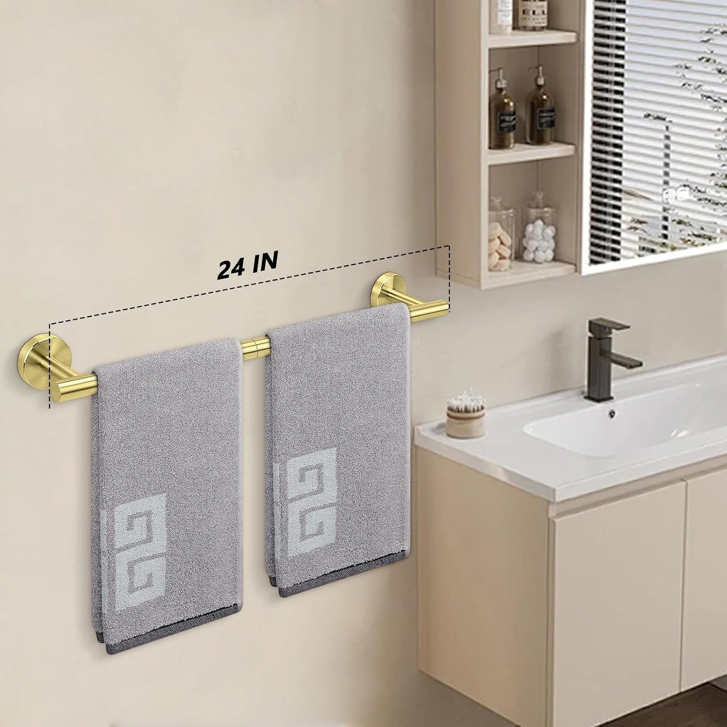 NearMoon Bath Towel Bar, Bath Accessories Thicken Stainless Steel Shower Towel Rack for Bathroom, Towel Holder Wall Mounted (1 Pack, Brushed Gold, 24 Inch)