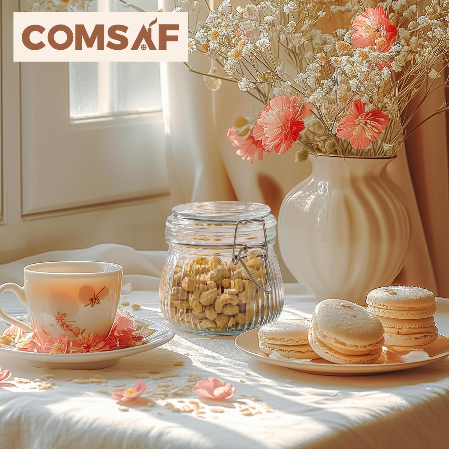 ComSaf Airtight Glass jar with lid 17oz, Glass Storage Containers with Lids, Small Canister, Mason Jars, Minimalist Jar for Kitchen Canning, Overnight Oats, Pickle, Spice, Set of 6