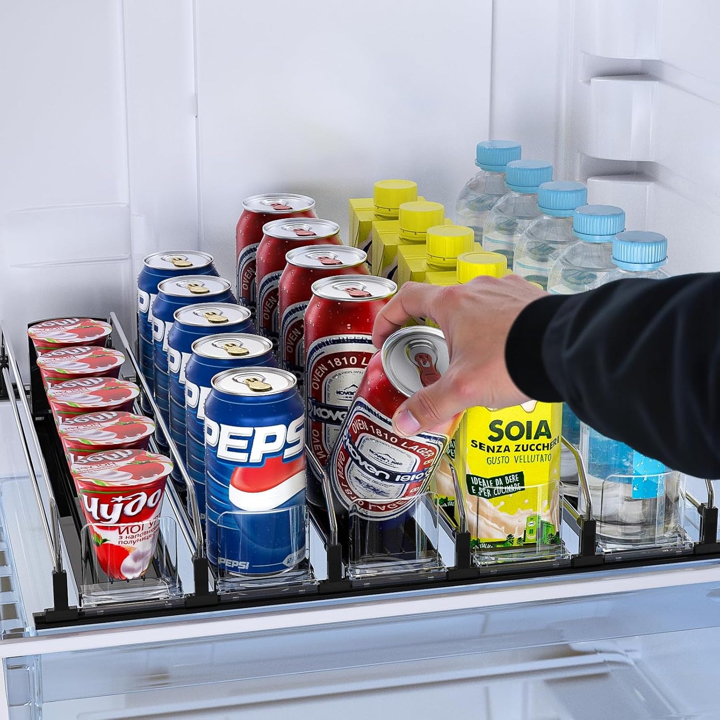 Soda Can Dispenser, Self-Pushing Drink Organizer, Width Adjustable Fridge Organization, Beer Pop Can Water Bottle Dispenser (15.1"D) White (5 Row, Black)