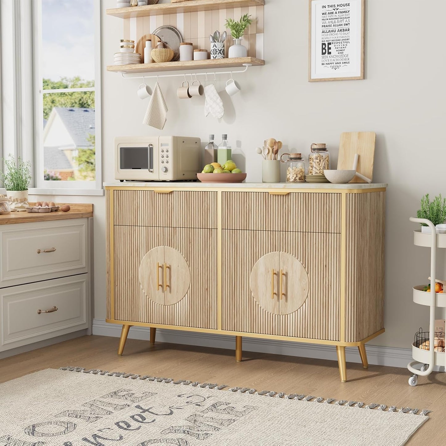 47.2" Buffet Storage Cabinet, Modern Fluted Coffee Bar Station with 2 Drawers & Adjustable Shelves, Kitchen Sideboard Buffet for Dining Room, Living Room, Hallway, Natural Oak