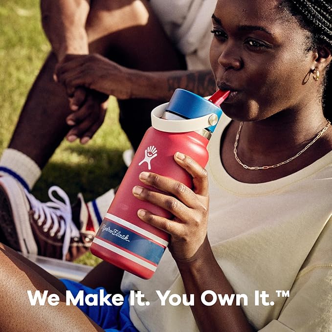 Hydro Flask Water Bottle - Insulated Stainless Steel - Wide Mouth Flex Straw Lid, Non Spill, Leakproof and Refillable in 32 Oz Campus Pink