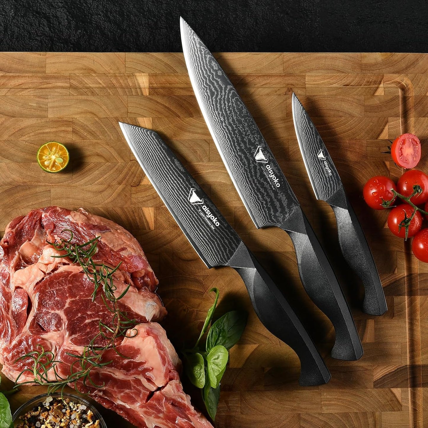 8C Damascus Knife Set - 3PC Chef's Knife, Kitchen and Paring Knives, High Carbon Stainless Steel, Ergonomic Full Tang ABS Anti-Skid Handle
