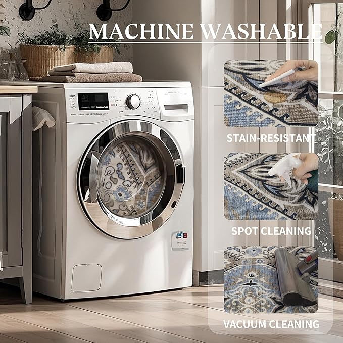 Area Rug for Living Room - Indoor Machine Washable Vintage Rugs for Bedroom Dinning Room Floor Carpet Non-Slip Backing Rugs Floral Soft Low-Pile Office Rug (Blue/Brown, 8' × 10')