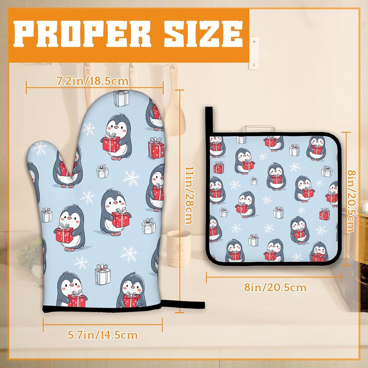Christmas Cute Penguin Oven Mitts and Pot Holders Set,Snowflakes Kitchen Decor Heat Resistant Non Slip Hot Pads and Oven Mitt for Chef Cooking Baking BBQ Mom Girl Gifts(4 Piece Set)