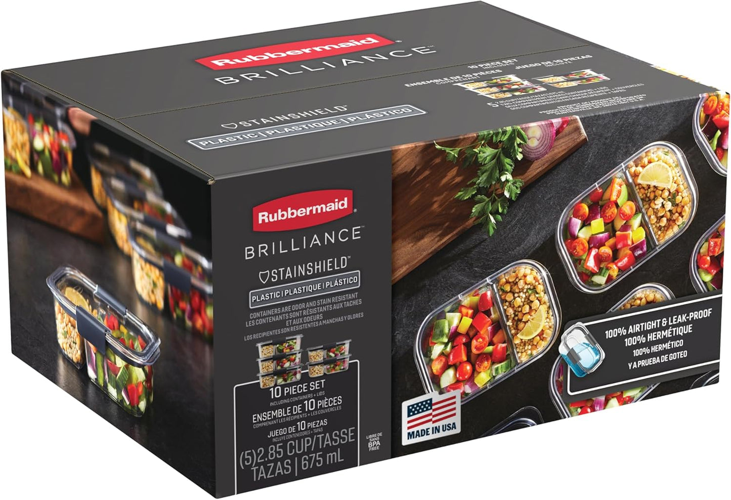 Rubbermaid Brilliance Meal Prep Containers, 2-Compartment Food Storage Containers, 2.85 Cup, 5-Pack, BPA-Free, Clear/Grey