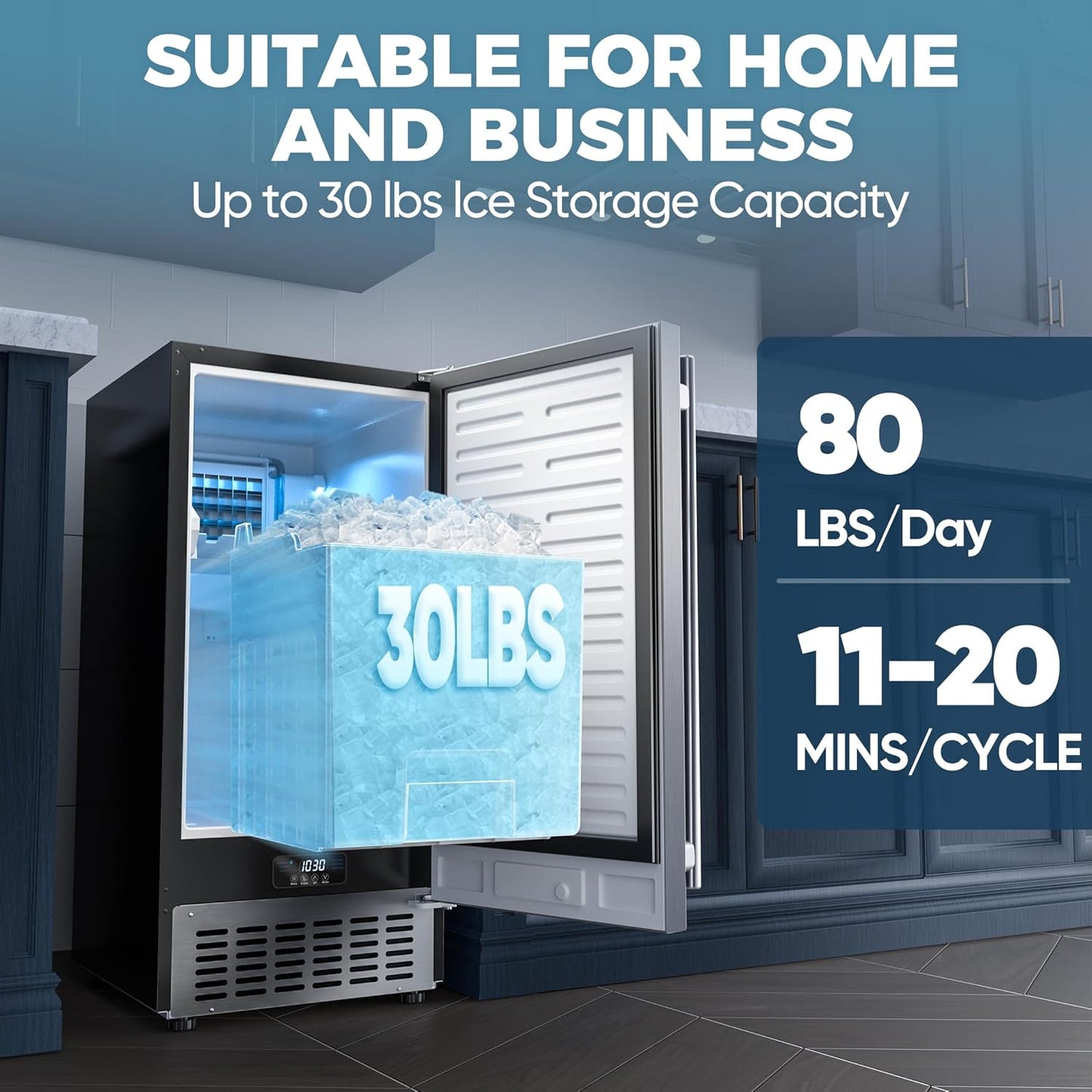 15" W Commercial Under Counter Ice Maker Machine, 80 LBS/Day Stainless Steel Built-in Freestanding Ice Maker with Water Filter, for Home Apartment & Commercial Use