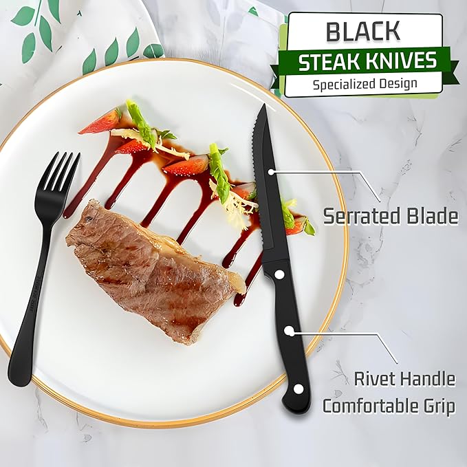 HaWare 48-Piece Black Silverware Set with Steak Knives, Stainless Steel Cutlery Set, Food Grade Flatware Set Service for 8, Mirror Finished Tableware for Home Restaurant, Include Knives, Forks, Spoons