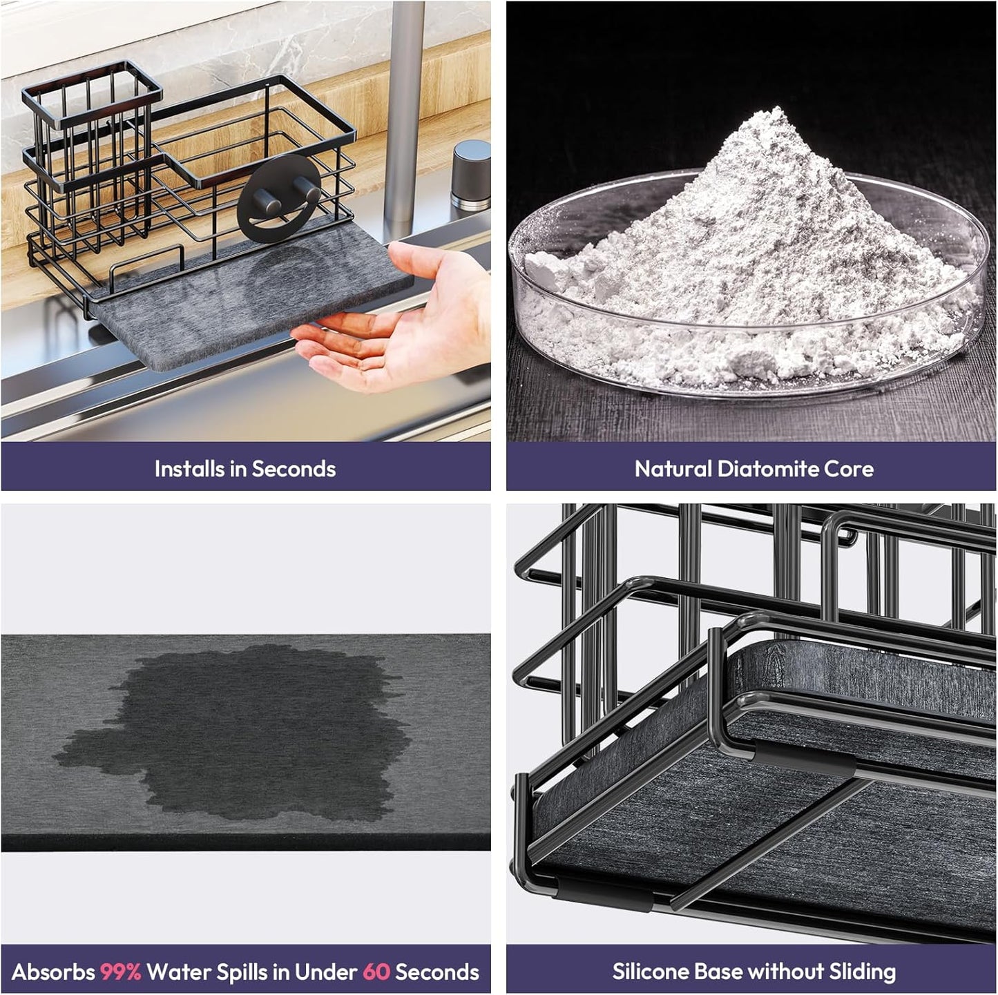 SWTYMIKI Kitchen Sink Caddy Organizer, Quick Dry Smiley Face Sponge Holder with Instant Drying Stone, Large Rustproof Sink Organizer for Kitchen Countertop Organization, Black