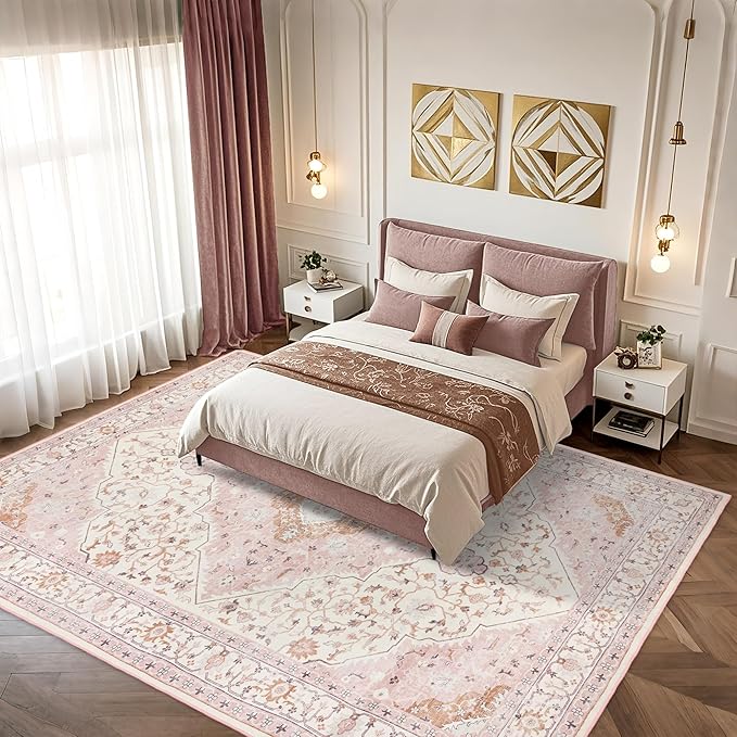 Area Rug for Living Room - Vintage Indoor Machine Washable Rug for Bedroom Dinning Room Floor - Soft Low-Pile Carpet Non-Slip Backing Floral Rugs for Office (Pink, 8' × 10')