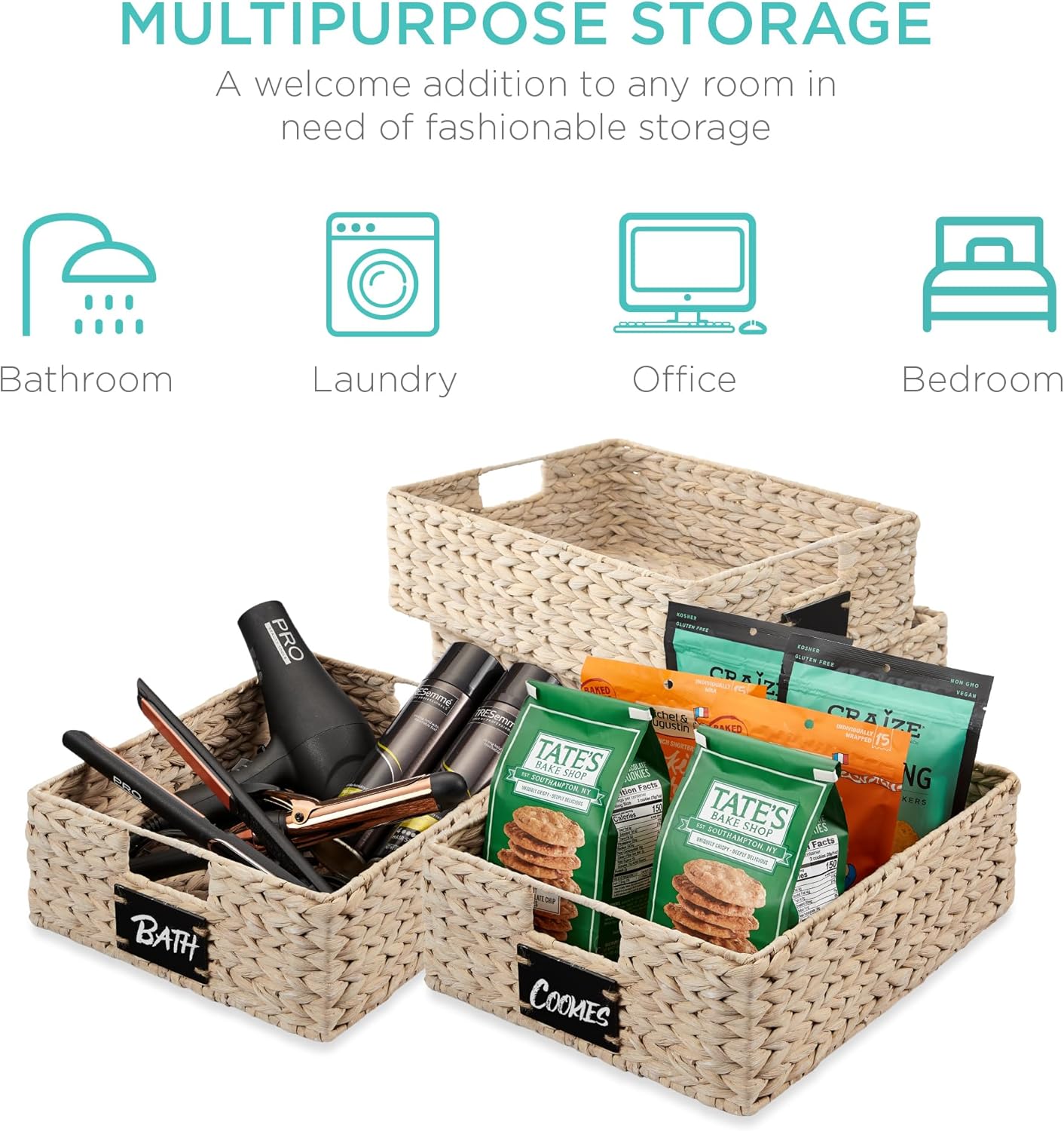 Best Choice Products Set of 4 16x12in Large Water Hyacinth Pantry Baskets, Woven Organizers w/Chalkboard Label, Chalk Marker - White