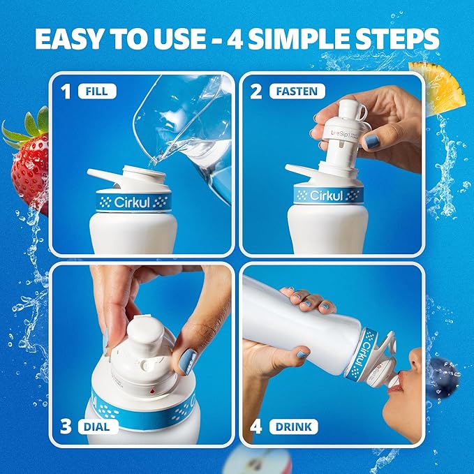 Cirkul 22oz. White Stainless Steel Water Bottle Starter Kit with Blue Lid, 2 Flavor Cartridges (1 LifeSip Fruit Punch and 1 FitSip Mixed Berry) No Sugar, Zero Calorie Drink Mix