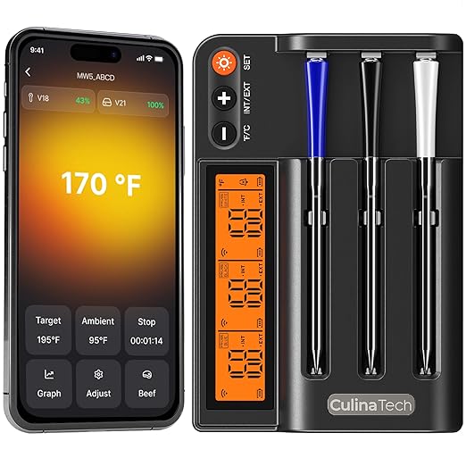 CulinaMeter Three: 3 Probes Wireless Meat Thermometer with LCD Screen, 750FT Digital Cooking Food Thermometer for Beef Lamb Turkey, Dual Sensor Measures Internal & Ambient Temp