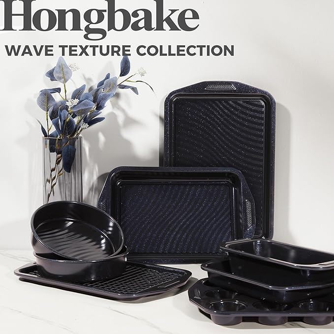 HONGBAKE 9-Piece Baking Pans Set with Wave Texture for Reduced Oil, 0.8mm Thick Bakeware Sets Non Stick, Includes Stackable Cookie Sheets for Oven Cooking, Cake Pan, Muffin Pan, Loaf Pan, Rack, Blue