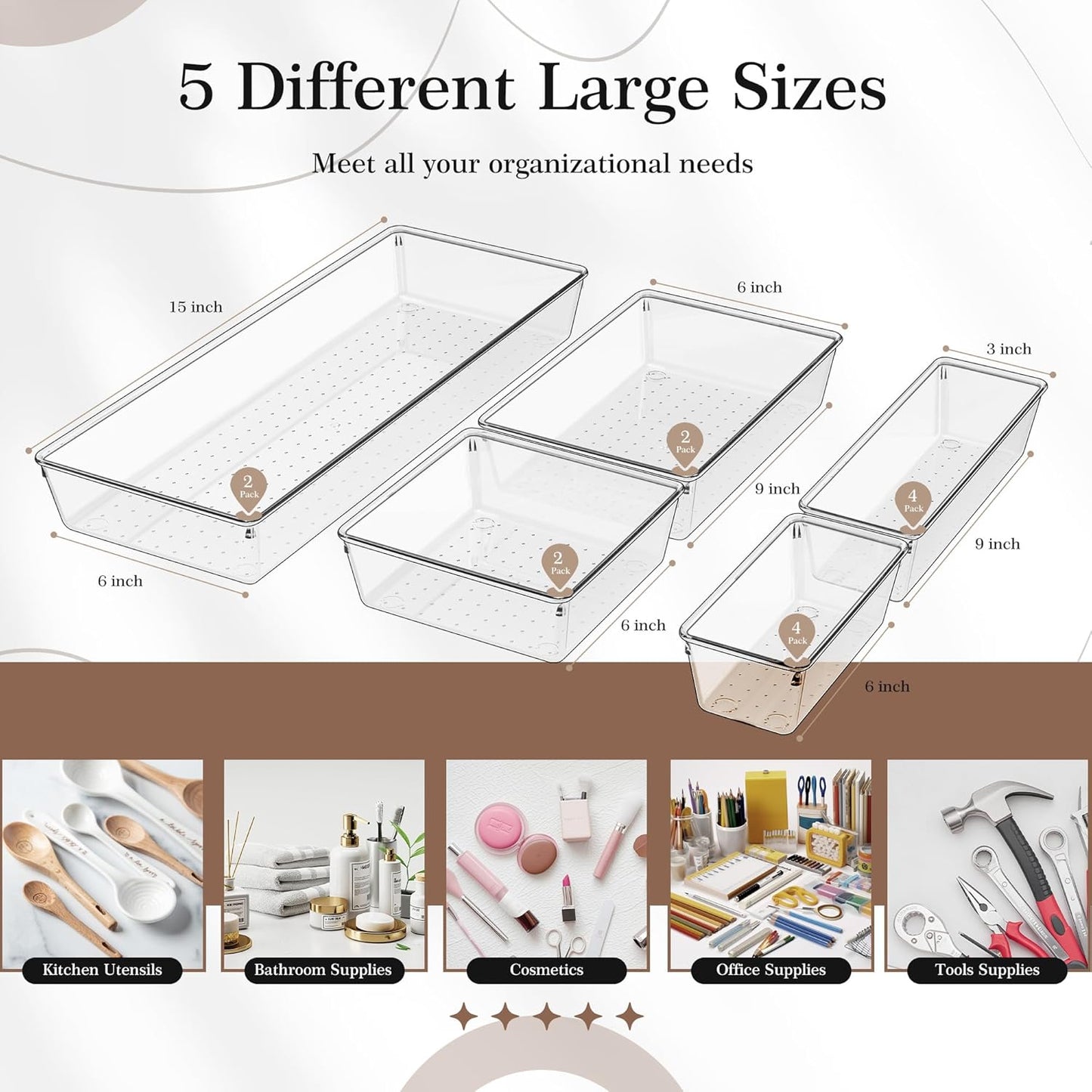 Criusia 14 PCS Clear Plastic Drawer Organizer Set - 5 Large Size Versatile Kitchen and Bathroom Organizer Trays, Non-Slip Storage Bins for Makeup, Utensils, Tool and Office Desk