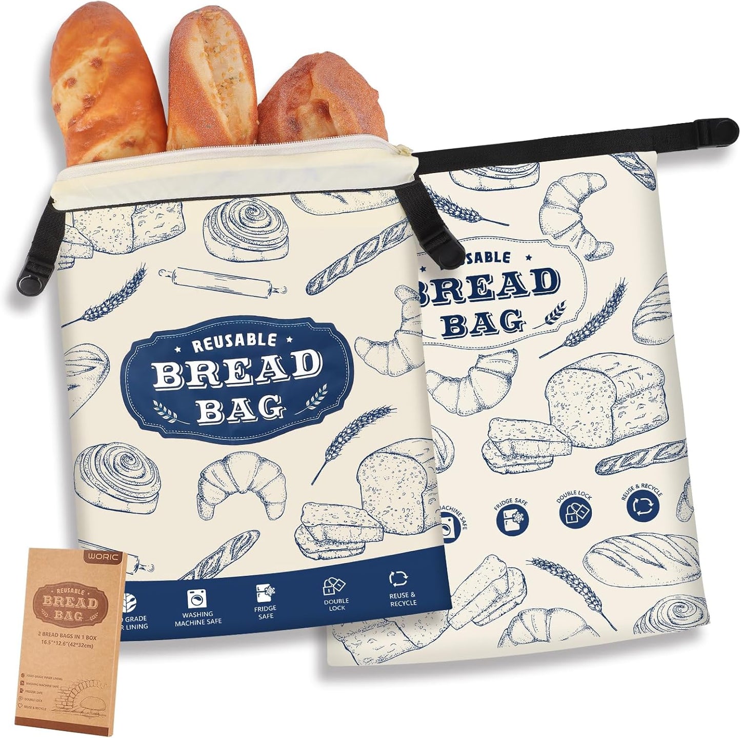 Bread Bags, 2 Packs Bread Bags for Homemade Bread, Reusable Zipper Sourdough Storage Bags for Keeping Loaf Fresh(Large, 16.5"*12.5")