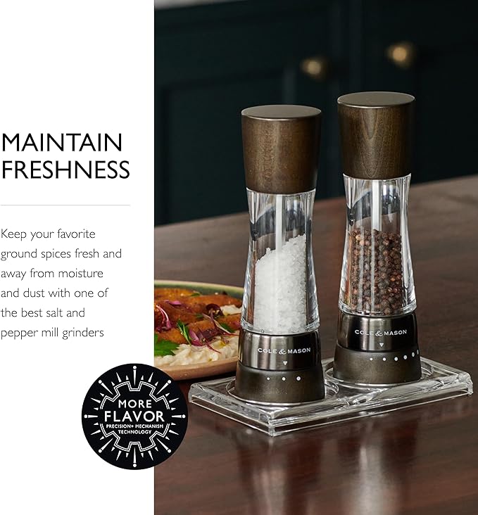 Cole & Mason Derwent Salt Mill - Gourmet Precision Salt Grinder - Refillable Seasoning and Spice Tools - Adjustable Seat, Himalayan and Kosher Salt Grinder Settings - Dark Wood