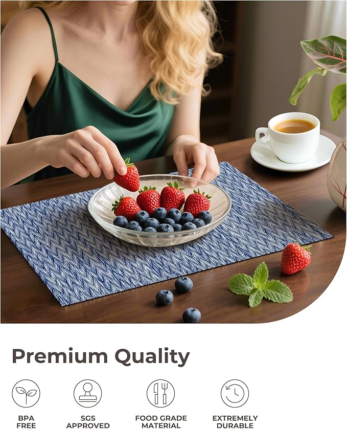 Leetaltree Blue Placemats Set of 4 - Heat Resistant Non-Slip Place mats for Dining Table, Washable Durable PVC Vinyl Woven Table Mats（Blue Zigzag, 4）