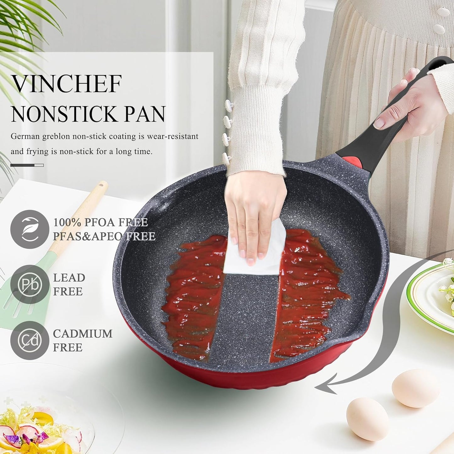 Vinchef Nonstick Skillet with Lid, 11In/5Qt Aluminum Deep Frying Pan with Lid and Heat Indicator, Anti Scratch and Anti Stain Deep Saute Pan, Induction Compatible