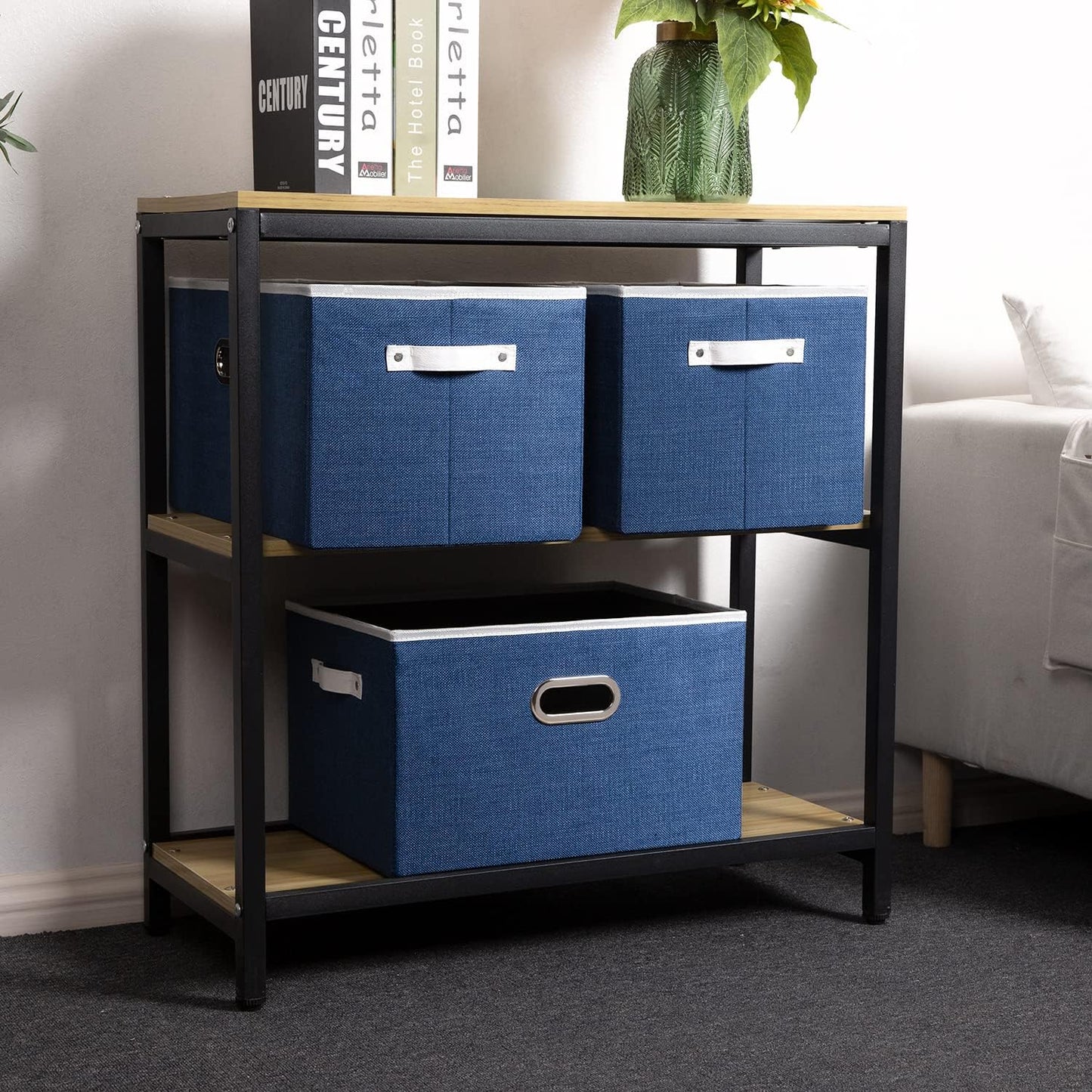 PRANDOM Larger Collapsible Storage Bins for Closet [3-Pack] Decorative Linen Fabric Storage Baskets Cubes with Leather/Metal Handles for Living Room Royal Blue (17.3x12.2x10.4 Inch)