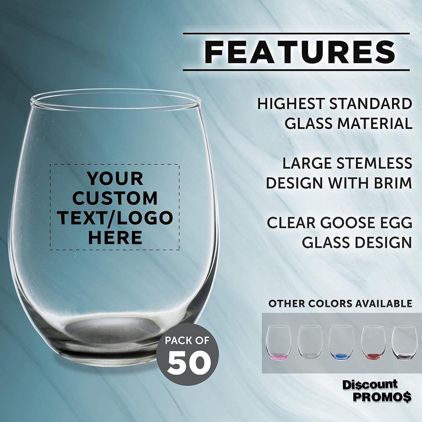 Custom Stemless Wine Glasses in Bulk by ARC Perfection, 15 oz, 50 pack, Personalized Text, Logo, Red or White Wine Glass Set, Black