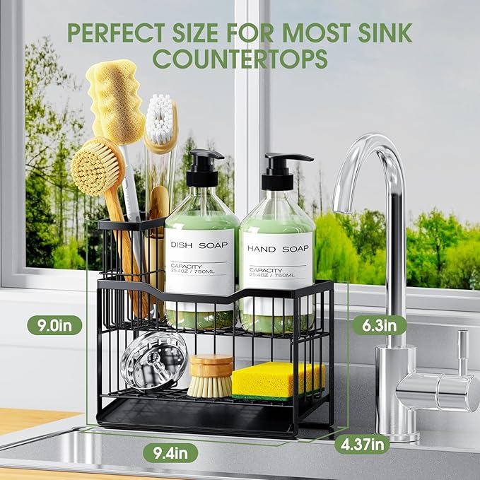 2-Tier Self-Draining Sponge Holder for Kitchen Sink - Rustproof Non-Slip Sink Caddy with Dish Brush Holder & Fits for Most Soap Dispensers - Black