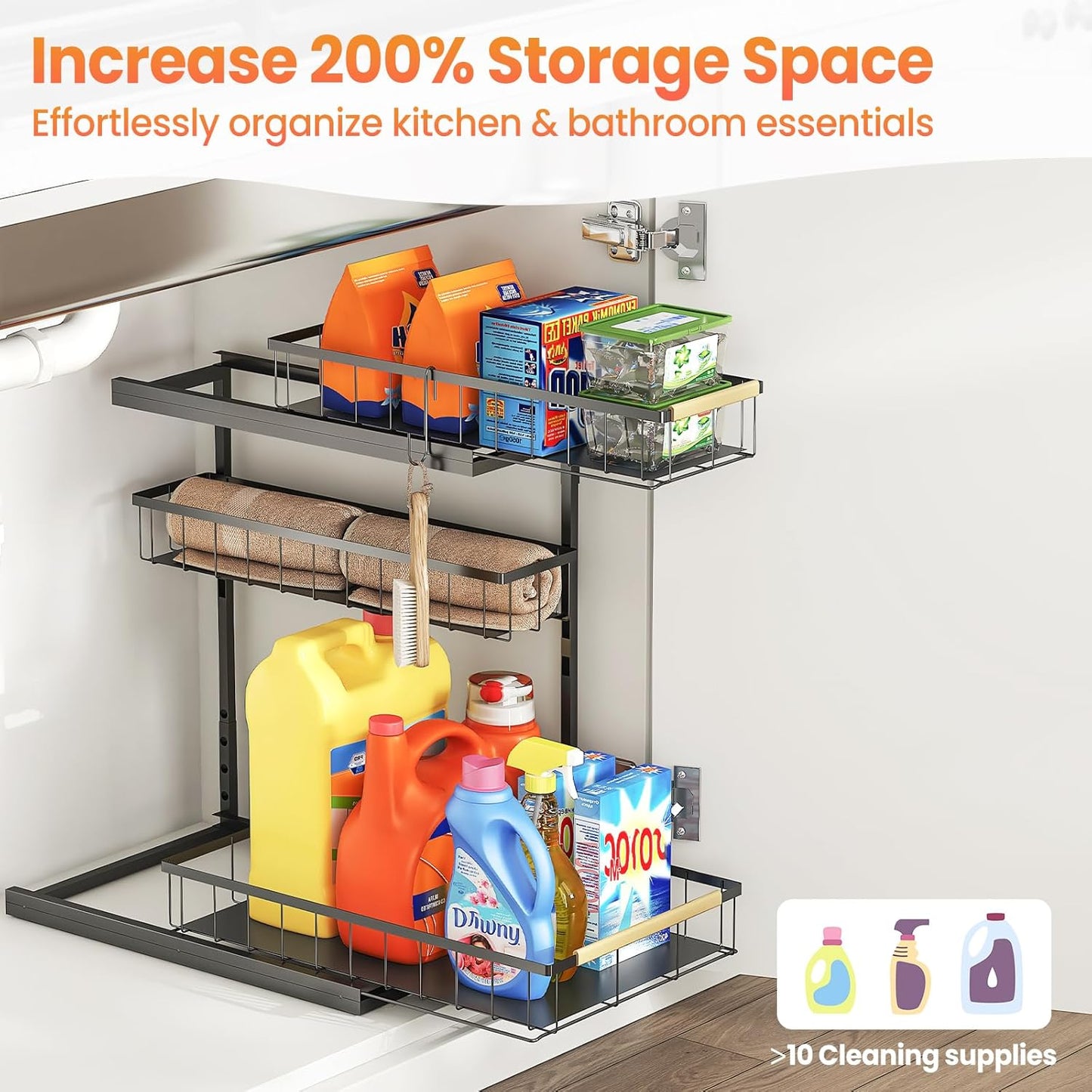 Under Sink Organizer and Storage for Bathroom and Kitchen - 2 Pack Pull Out Under Cabinet Shelf Organizers - 2 3 Tier Sliding Out Drawer Organization for Home Cabinets Shelves and Drawers