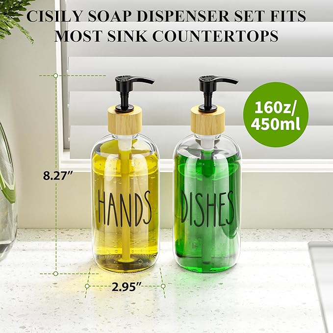 Cisily Dish Soap Dispenser Set with 2 Pack 16.9oz Clear Glass Bottle, Dish Soap Dispensers, Vintage Hand and Dish Soap Dispensers Set