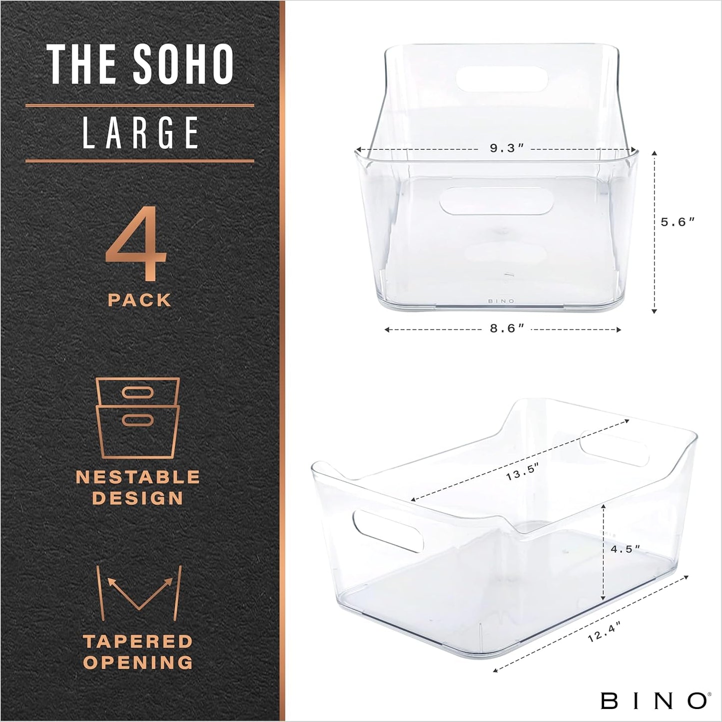 BINO | Plastic Organizer Bins, Large - 4 Pack | The SOHO Collection | Multi-Use | Pantry & Freezer Organizer Bins | Plastic Storage Containers for Home & Kitchen Org