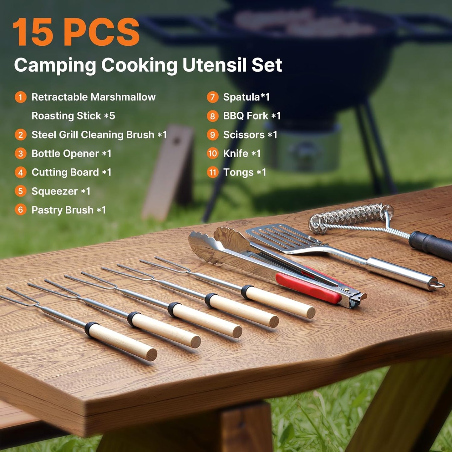 Camping Cooking Utensils Set Grilling Cookware Camp Kitchen Rotating Marshmallow Roasting Sticks BBQ Forks, Portable RV Camping Essentials Camper Must Haves for Cookouts Open Fire Pit