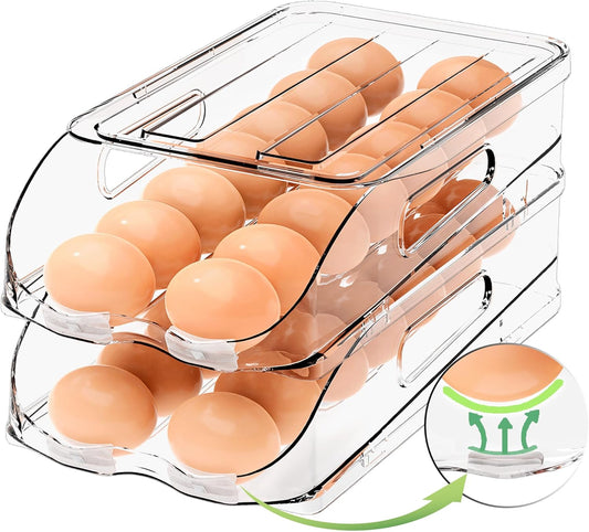 Egg Holder for Fridge, Automatic Steady Rolling Egg Container with Soft Bumpers & Handle for Refrigerator, Stackable Fridge Organizers and Storage with Lid
