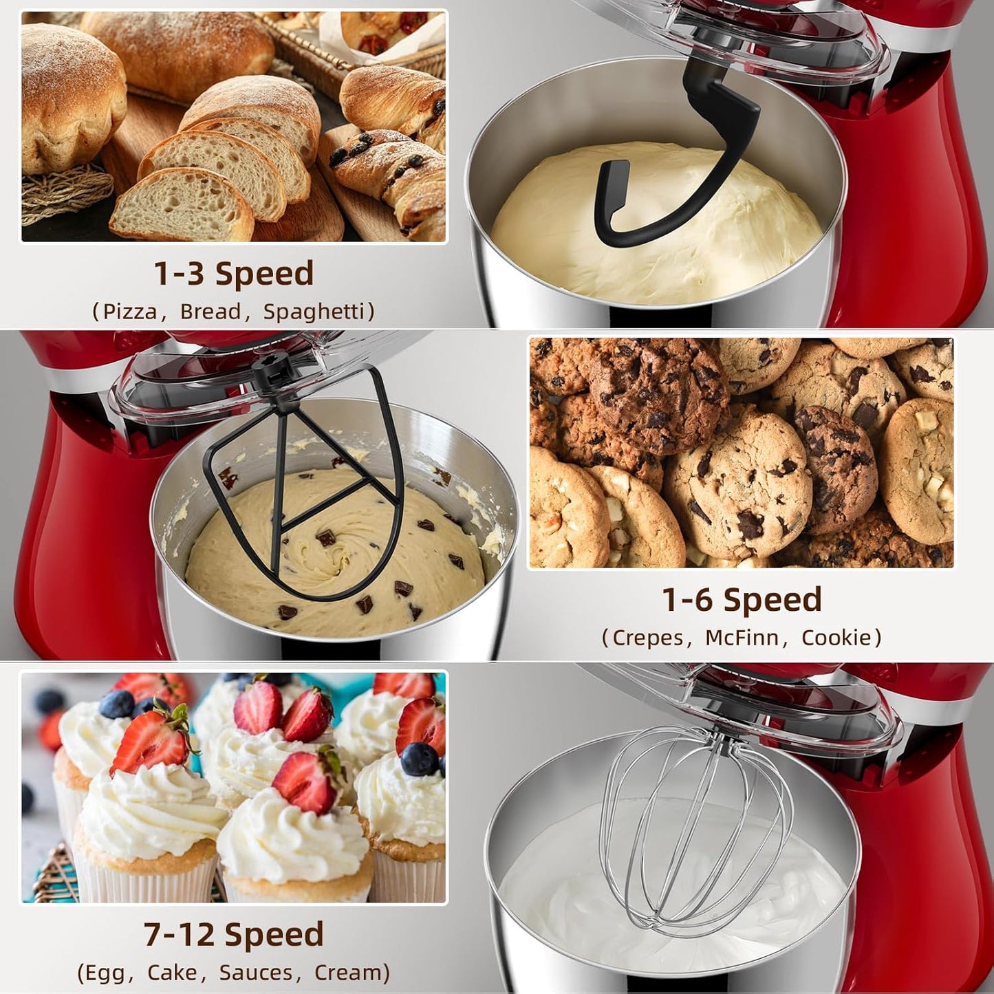 Cowsar Stand Mixer, 12 Speeds Tilt-Head Electric Commercial Stand Mixer, 3-In-1 Kitchen Mixer with Bowl, Dough Hook, Whisk and Beater, Red